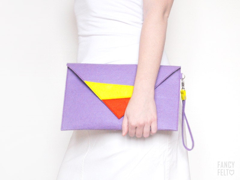 Geometric purple violet yellow and orange felt clutch bag