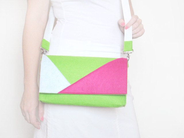 Geometric green white and pink felt crossbody bag