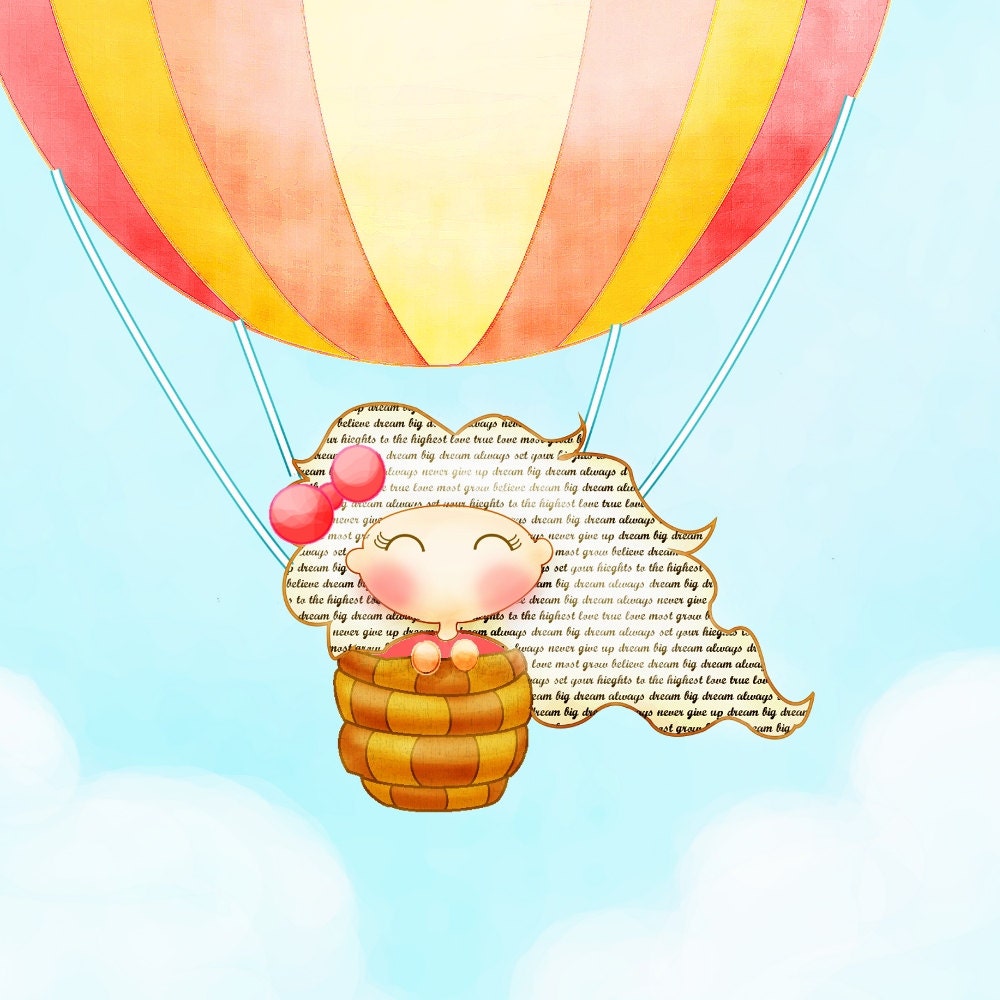 Kids wall art, children decor, Hot Air Balloon girl illustration red, yellow, blue, 8x10 whimsical print, nursery art