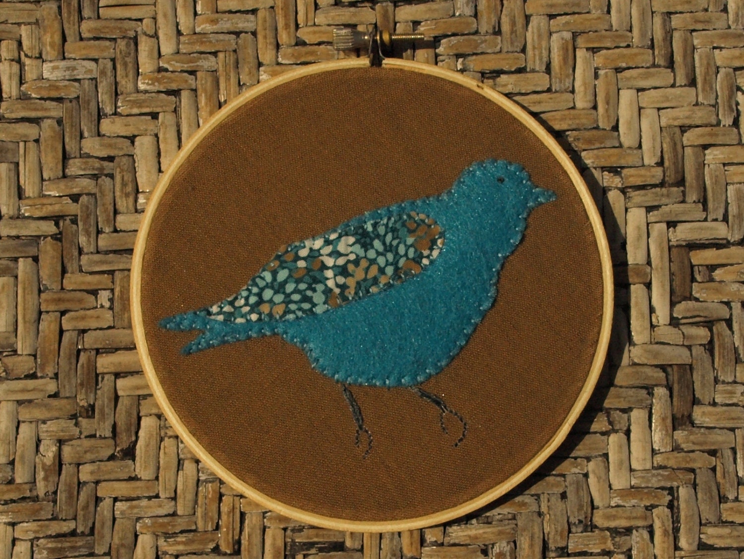 Hand embroidered felt applique bird wall art ready to hang in 6" wooden embroidery hoop