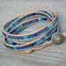 Spring Summer Beaded Leather 4 Wrap Bracelet with Beachy Blue Czech Glass Beads on Tan Leather