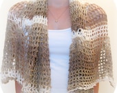 Crochet cotton shawl with flowers, handmade, brown, beige and white