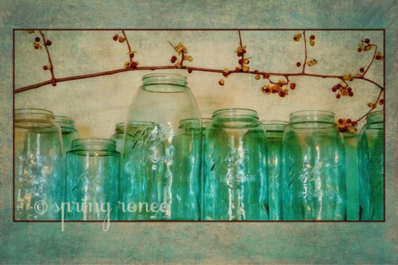 Kitchen Art Print - Mason Jar Art Photography Vintage Ball Jars - Blue Ball Jars Kitchen Decor - Wall Art Print - Housewarming Gift