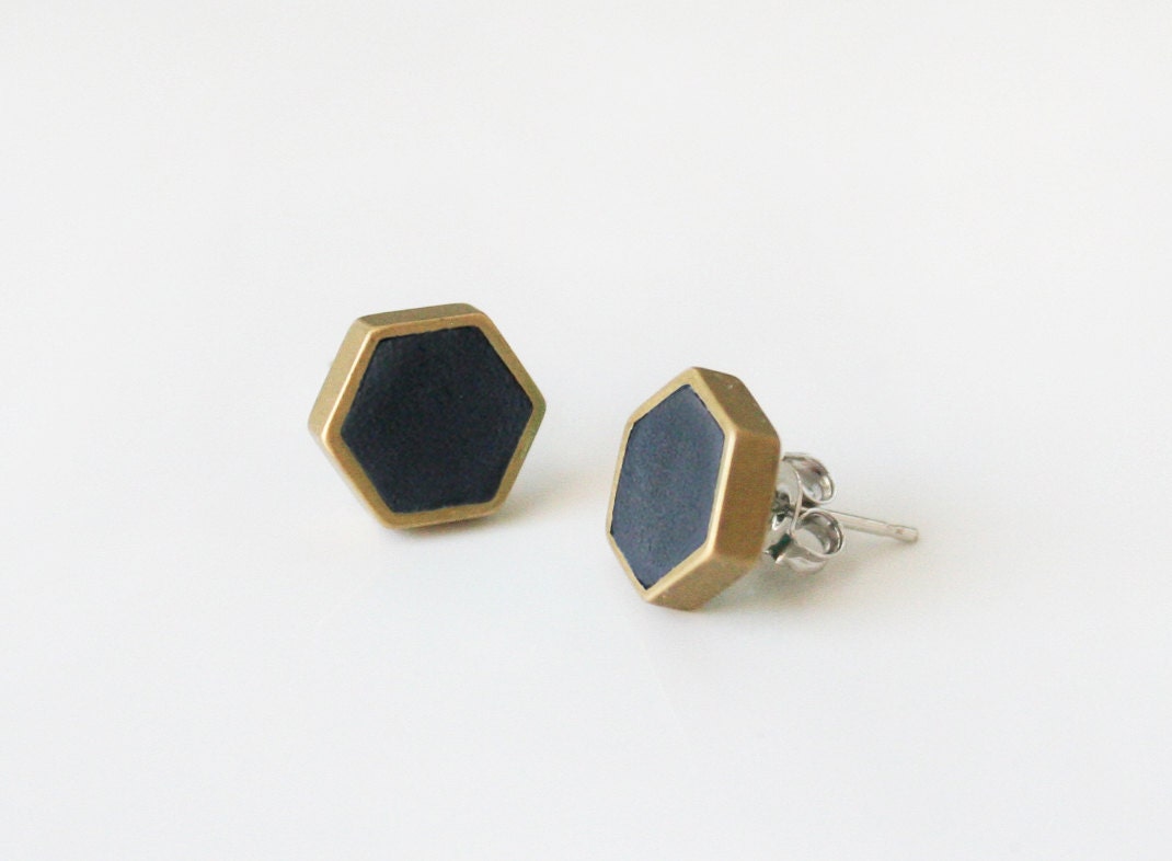 Black hexagon stud earring