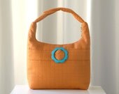 Women Lunch Bag, Small Purse, Insulated Lunch Tote, Lunch Bag, Pumpkin with Aqua Blue Flower Buckle