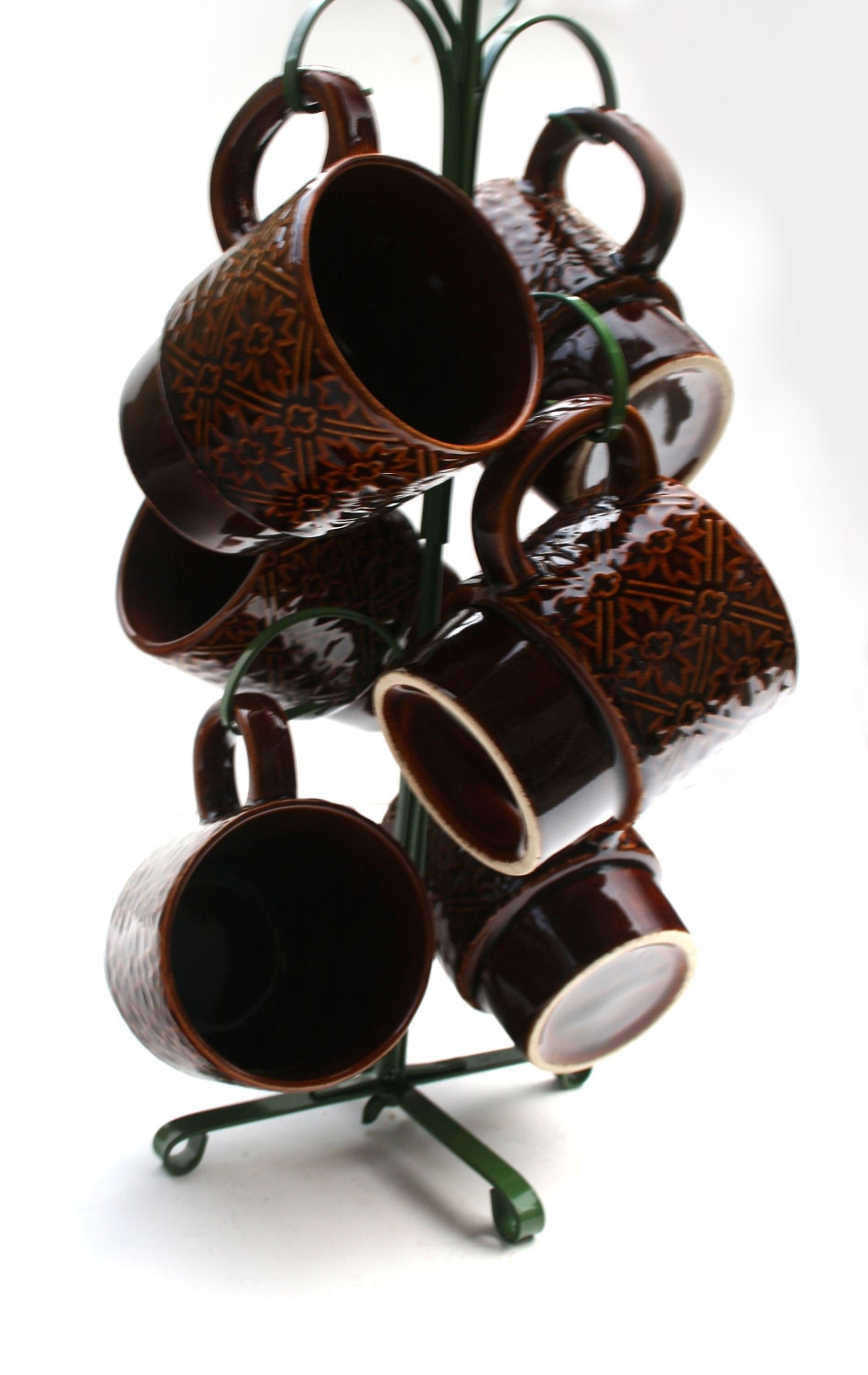 60s Groovy Coffee Tree Stand with 6 Chocolate Brown Cups Vintage Floral Pattern & Wrought Iron Forest Green Stand Never Used Original Box