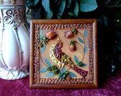 3D Bird Picture, Wall Hanging, Wooden Picture Frame with Maroon, Yellow and Gold Bird.  Dried Flowers in Vines, Rustic, Southwestern