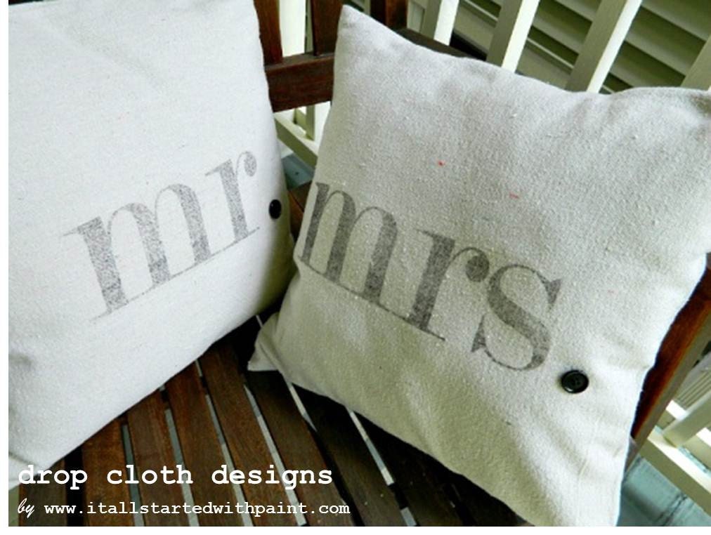 Mr. & Mrs. Drop Cloth Pillow Set (pillow inserts included) - 14 x 14