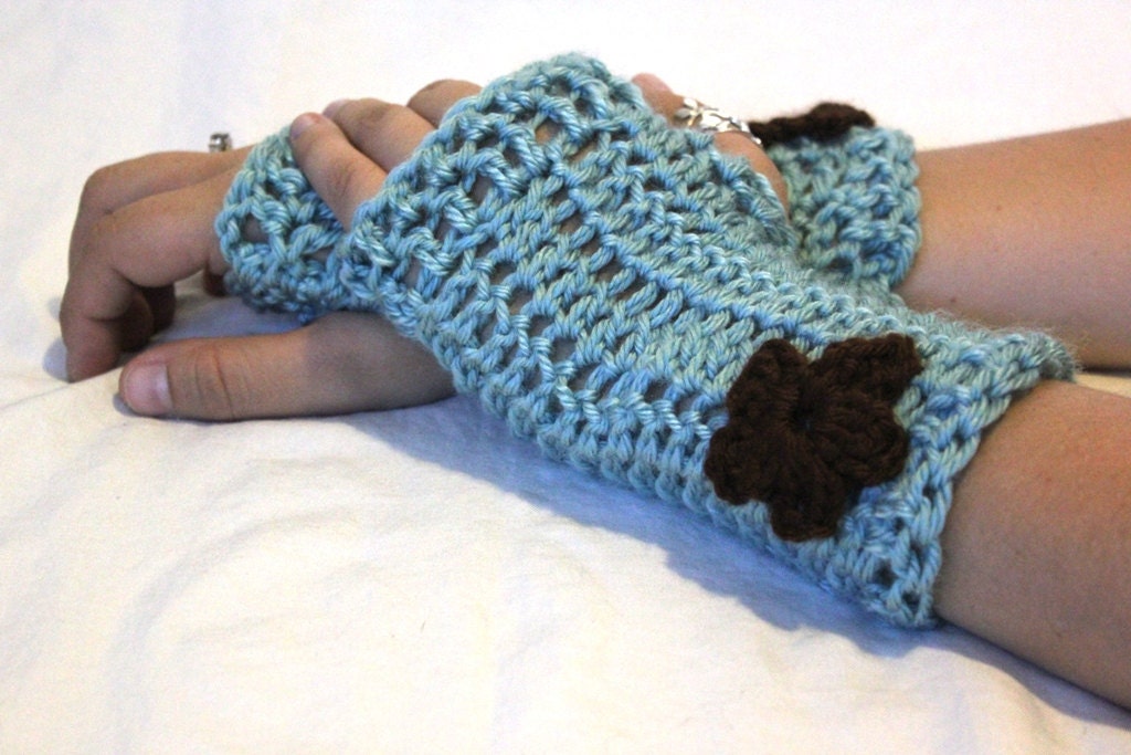 Womens Fingerless Gloves , Terquoise Fingerless Gloves, Trendy, Women, Flower