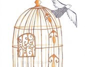 Gold Bird Cage Watercolor Art Drawing 8x10" Print (unframed)