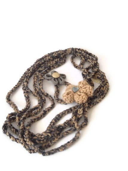 Crochet Scarf Necklace Fashion Accessories Jewelry Grey Natural - Flowers OOAK