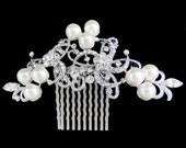 Bridal Crystal Pearl Flower Hair Comb, Vintage Wedding Pearl Hair Accessories, Clear Rhinestone Bridesmaid Gift, Silver Jewelry-114562338