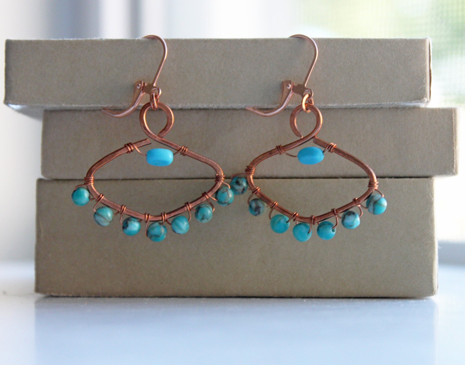 Turquoise Earring, Bohemian Jewelry, Wire Wrapped Jewelry, Handmade Earrings, Copper Jewelry, Hoop Earrings