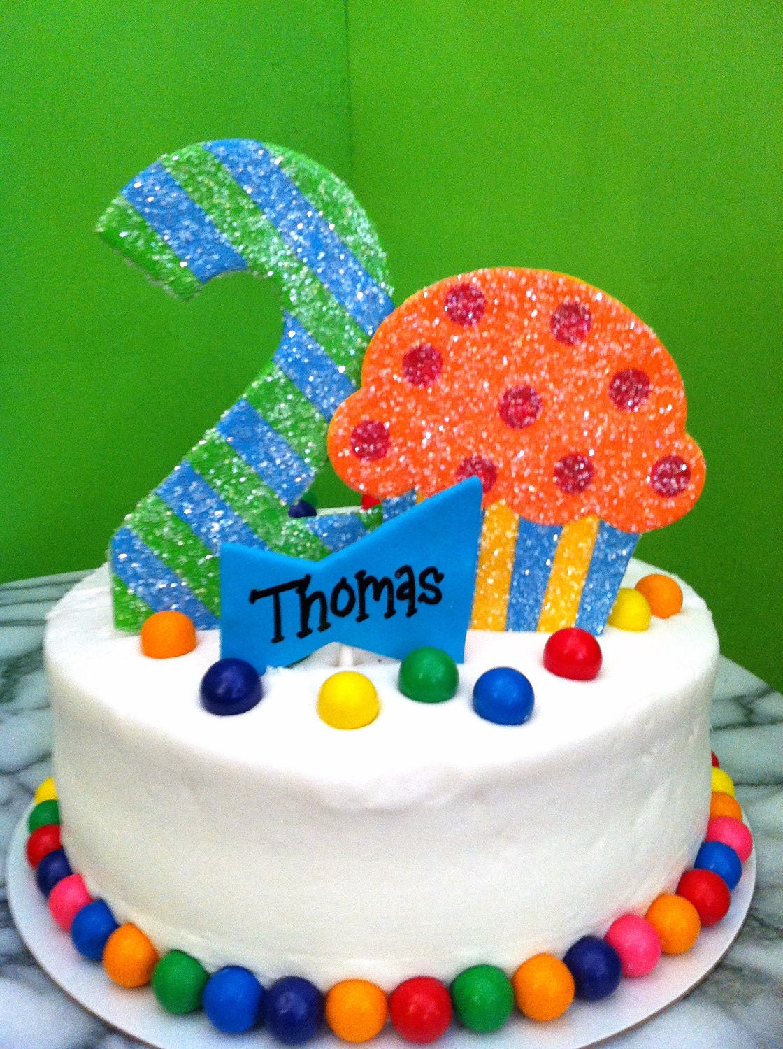 Blue / Orange Cupcake birthday cake topper or centerpiece handmade of clay by Yard Candy