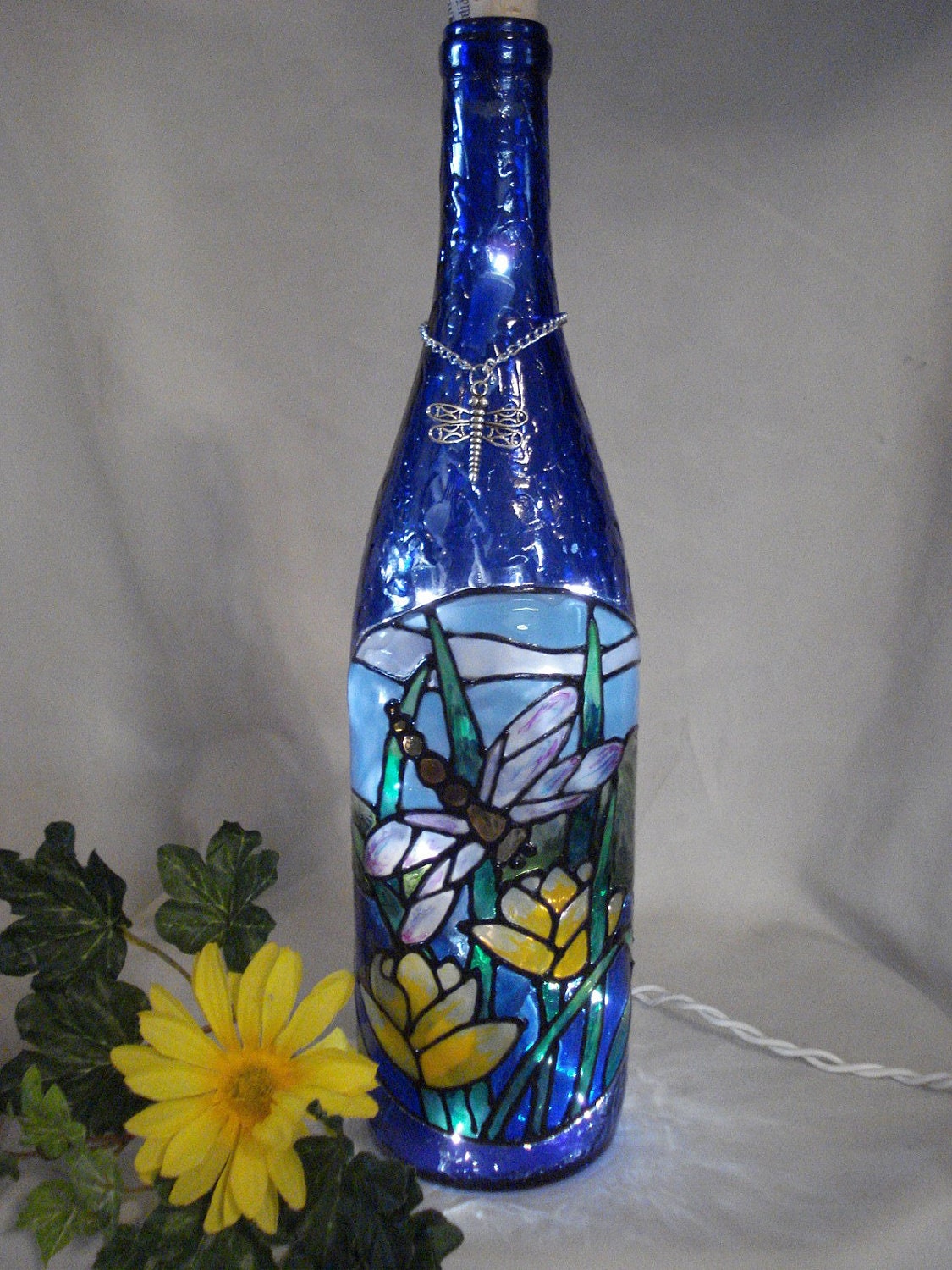 Dragonfly Wine Bottle Lamp Blue
