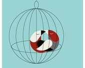 Birdcage Love Birds Print, Mid Century Style in Blues
