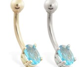 14K Solid Gold Belly Ring with 6mm Topaz oval stone, Yellow or White gold. Free Shipping