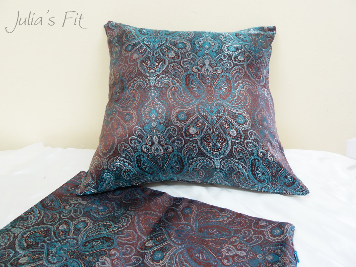 Paisley Print Pillows, Set of Two (2) Covers, Brown and Turquoise Silk