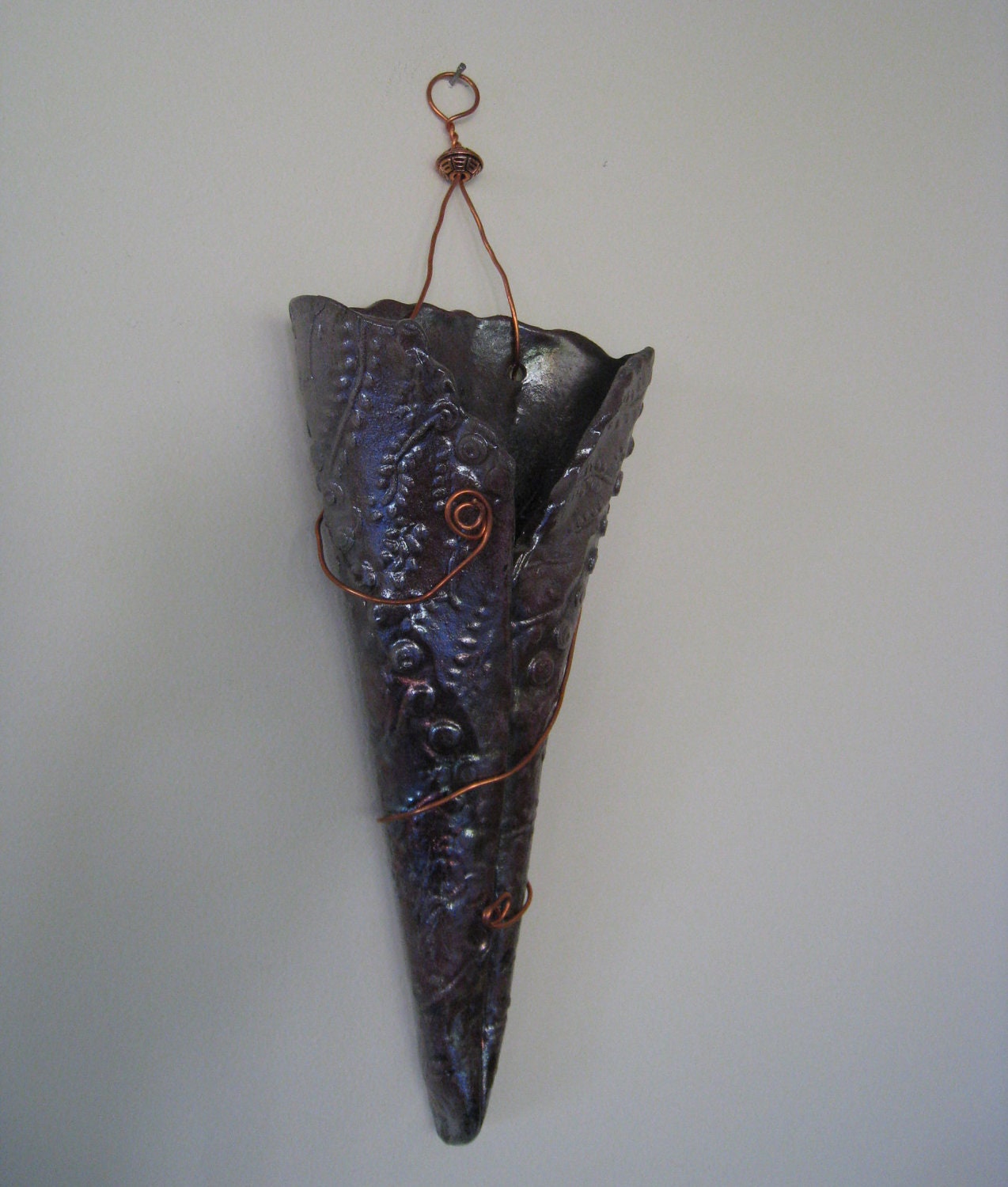 Raku Wall Pocket Vase with copper wire by moonlitegrafx on Etsy