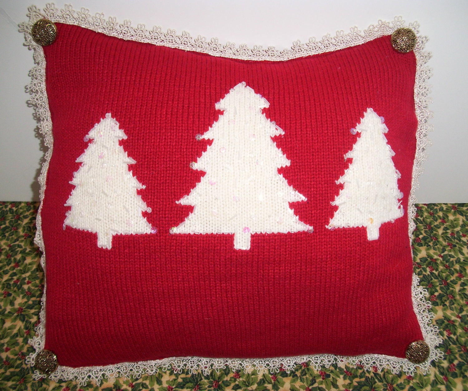 Sale Handmade Christmas Pillow with White Trees on Vibrant Red Knitted Wool/ Accented with  Buttons and Lace