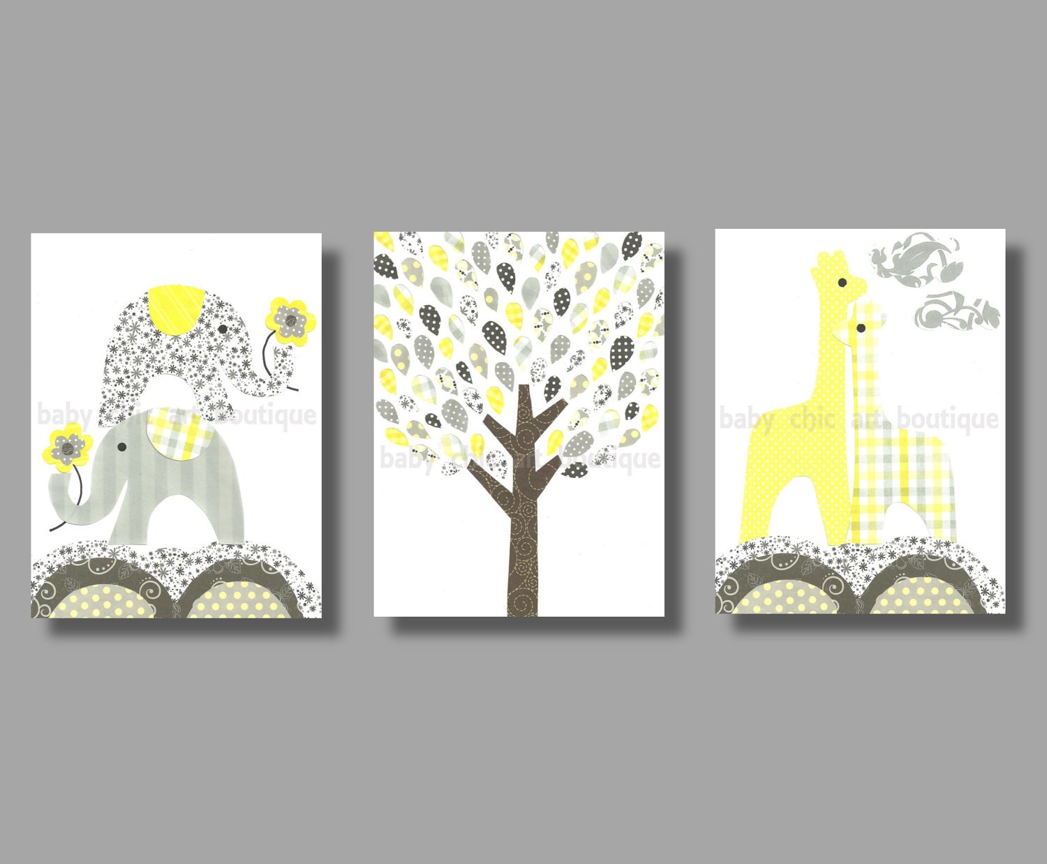 Nursery Yellow and Gray Animal Wall Art, 8x10 Art Print, Room Decor for Children or Kids with Elephants, Tree and Giraffes