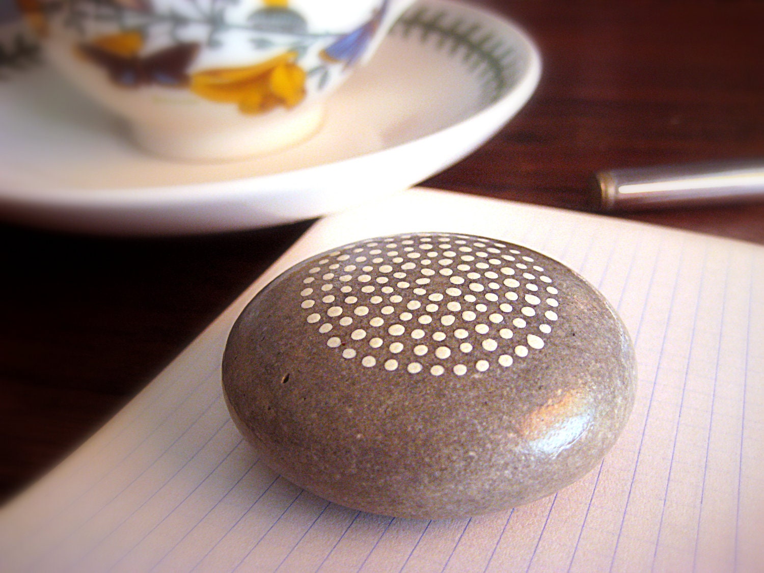 Painted Stone, Painted Rock, Original handpainted White spiral upcycled Grey Stone