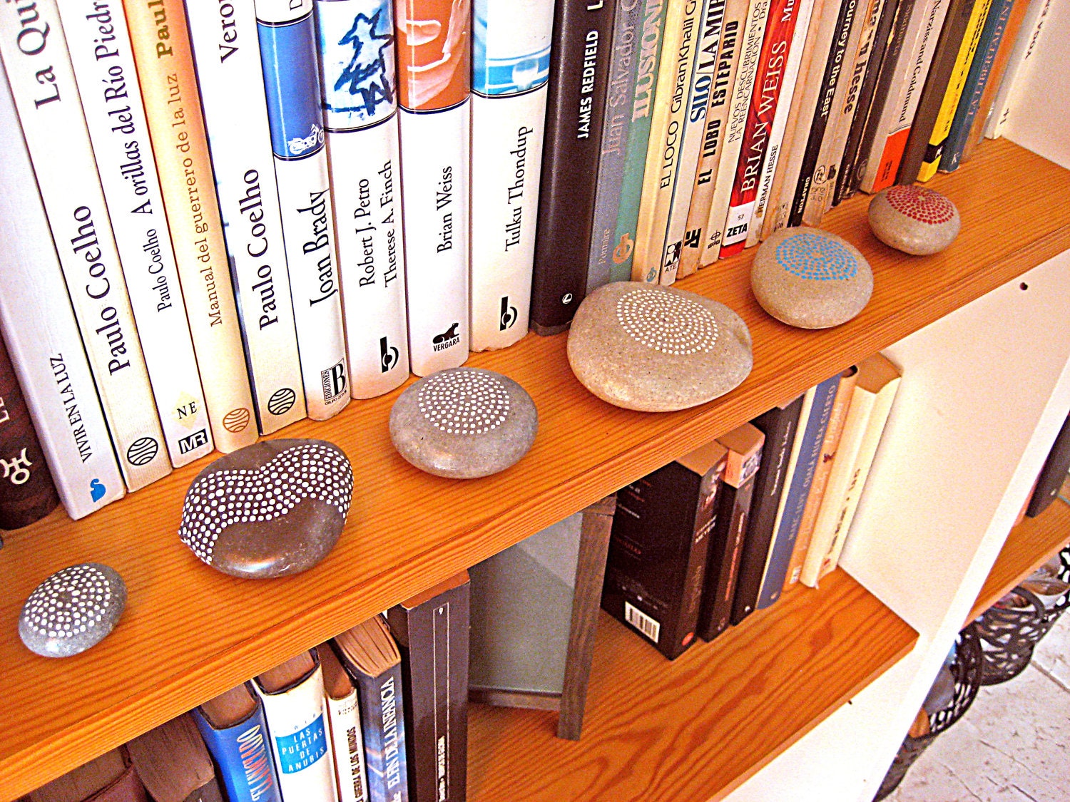Painted Stone, Painted Rock, Original handpainted White spiral upcycled Grey Stone