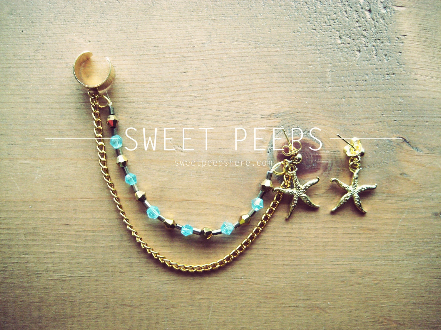 Gold Ear Cuff with Gold Starfish Set and a string of Beautiful Light Blue Crystals