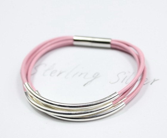 Sterling silver tubes bracelet, pink leather bracelet, silver plated magnetic clasp