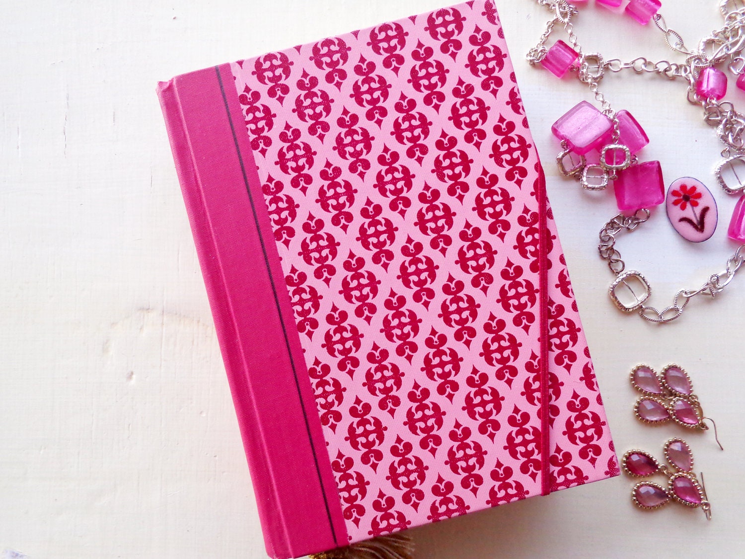 Hidden Jewelry Box // Vintage Handmade Readers Digest Jewelry Box // Jewelry Organizer // Pink Maroon Rose Damask