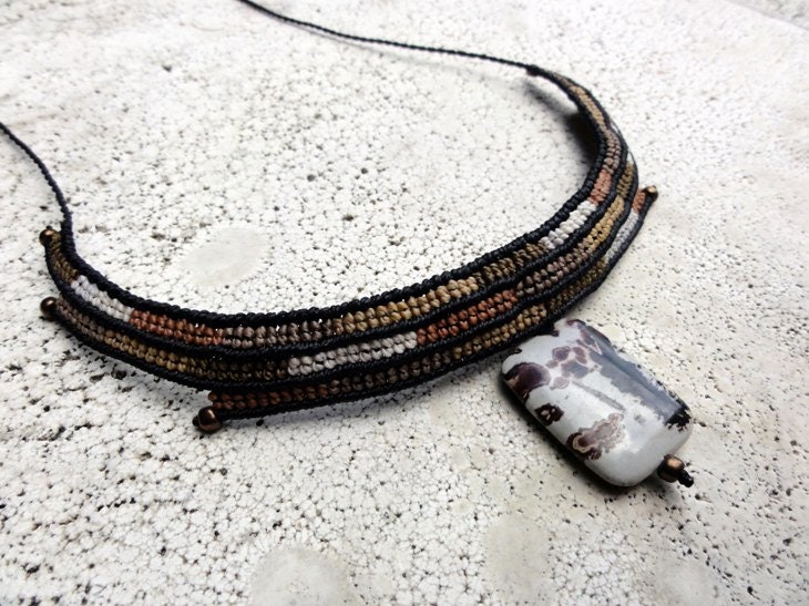 Macrame Necklace/ Choker - beige, black and brown with jasper stone and metalized brown glass beads