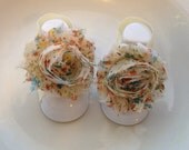 Vintage Inspired Ivory Color Shabby Chic Chiffon Baby Barefoot Sandals. Newborn Baby Girl Barefoot Sandals, baby girl barefoot sandals