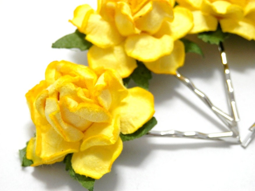 Rose Hair Clips - Four Butter Yellow Fantasy Flower Bobby Pins Bridal Accessory Wedding Accessories
