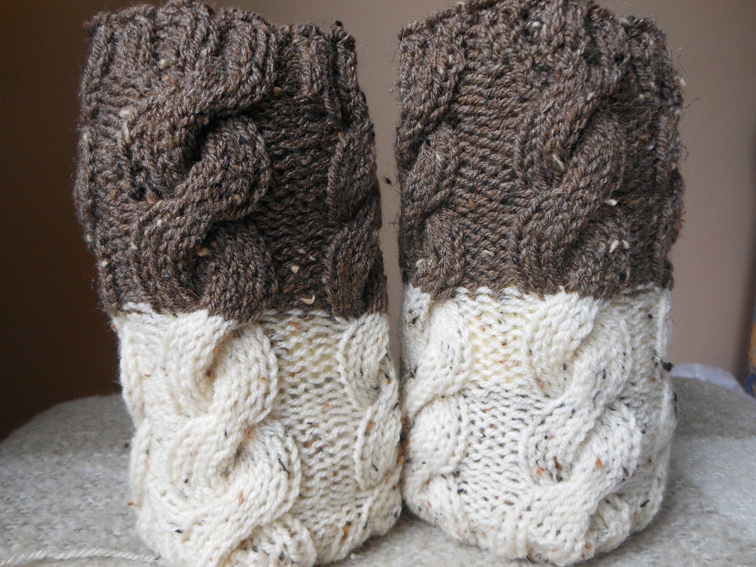 Hand Knitted Boot Cuffs Leg Warmers 2in1 Cream and Brown Tweed