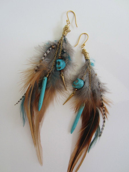 Soulful Bohemian earrings long feathers spikes skulls turquoise peacock blue long dangle chin statement boho festival