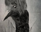 Black Raven, Black and White Surreal Photography, Anthropomorphic Art Print, Monochrome Photo