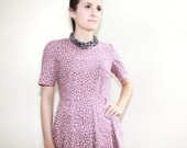 PETITES - MEDIUM High Waisted Pleated Purple Print Dress with Short Sleeves
