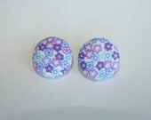 Floral purple blue flower earrings fabric covered button handmade round pierced ears