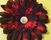 Red and Black Plaid Fabric Flower Hair Clip