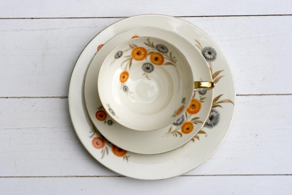 Vintage 1950s Tea Cup and Saucer Trio Set Orange and Grey Floral