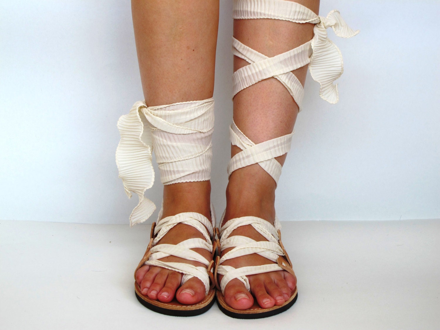Leather Sandals, handmade, Unique design, with plisse scarf straps in ivory  "APHRODITE" AS03 All sizes Available - GreekChicHandmades