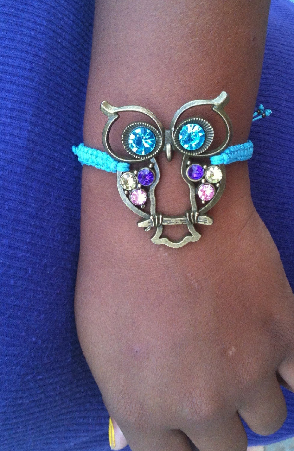 Retro Antique Bronze and Turquoise Owl Charm Bracelet Adjustable Arm Candy