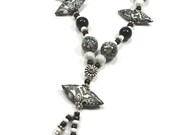 Black and white elegant necklace, Polymer clay necklace, unique necklace in abstract pattern, silver plateted  charms, rich combination