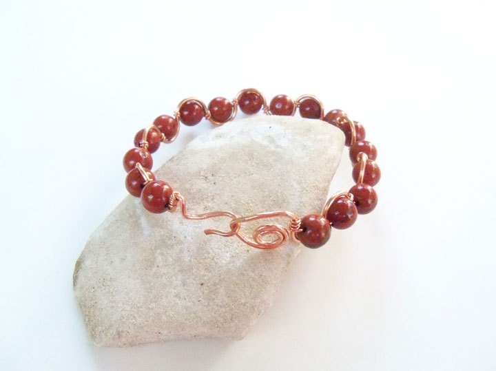 Copper wave bracelet amber bead