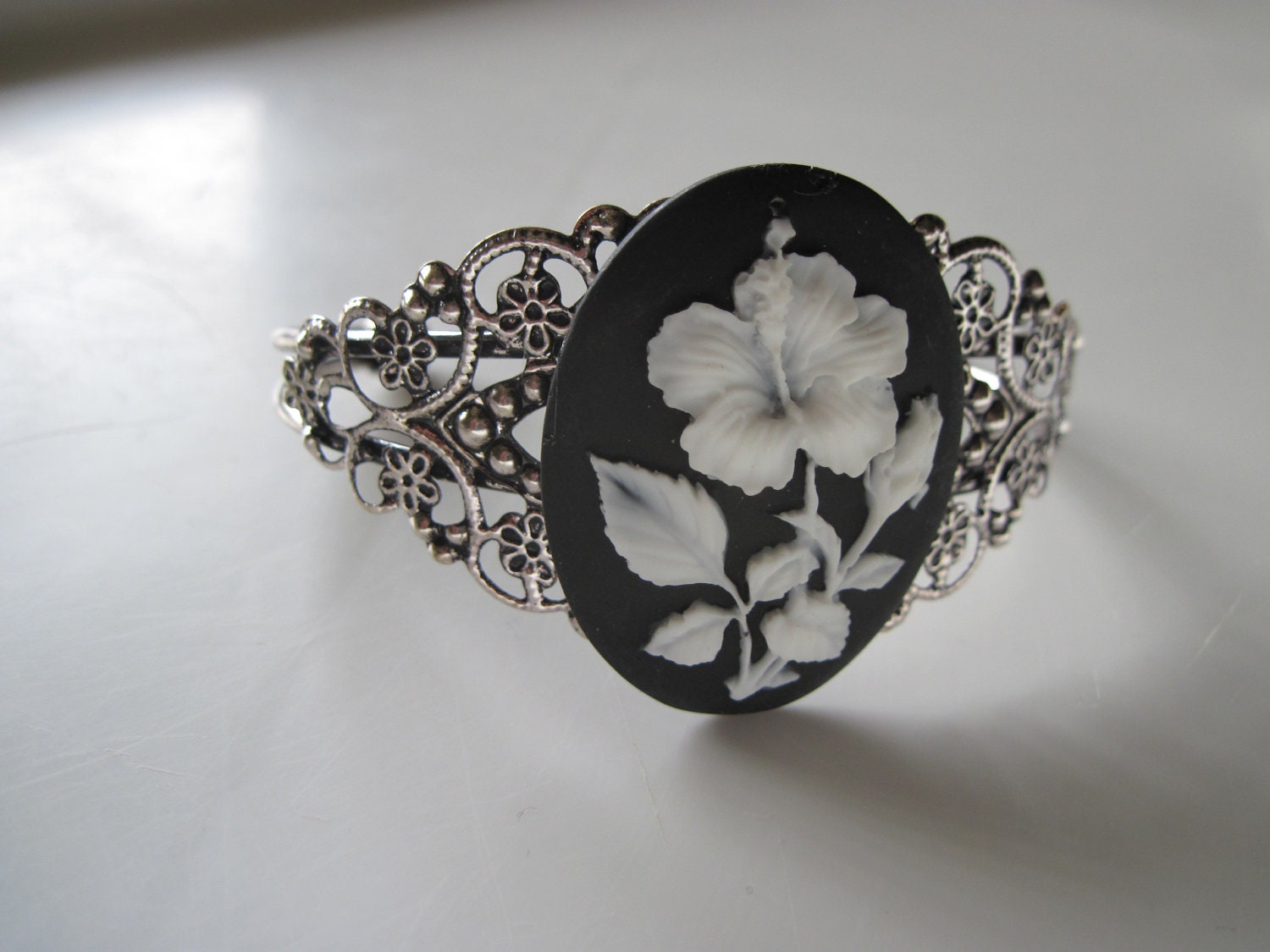 Black Bracelet, Black Cameo Bracelet, Silver Filigree Bracelet, Mothers Day Bracelet