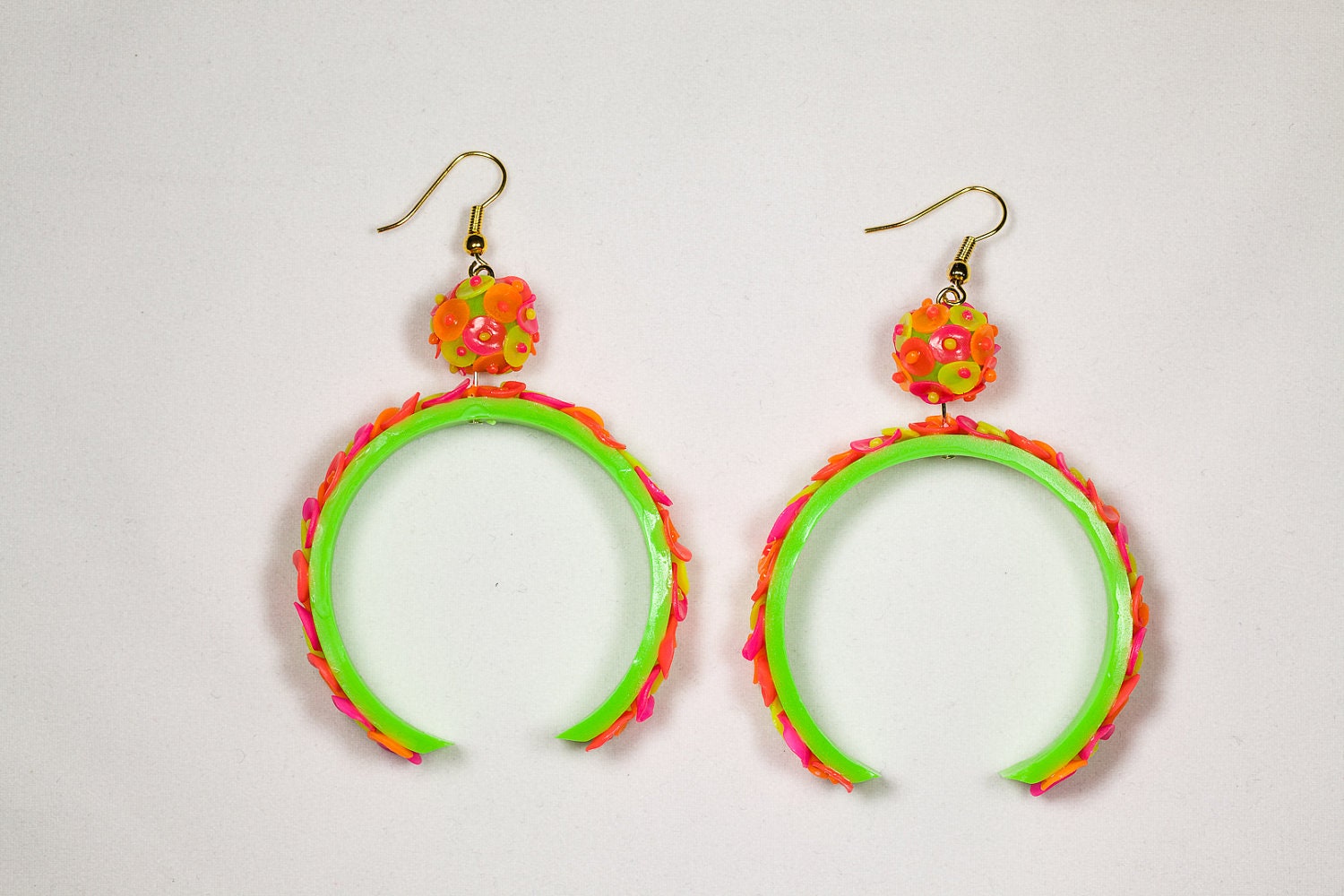 Neon earrings, dangle earrings, handmade neon jewelry, neon decorated jewelry, fimo polymer clay, OOAK