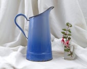 Small Vintage French Blue Enamelware Water Pitcher / French Decor/ Farmhouse