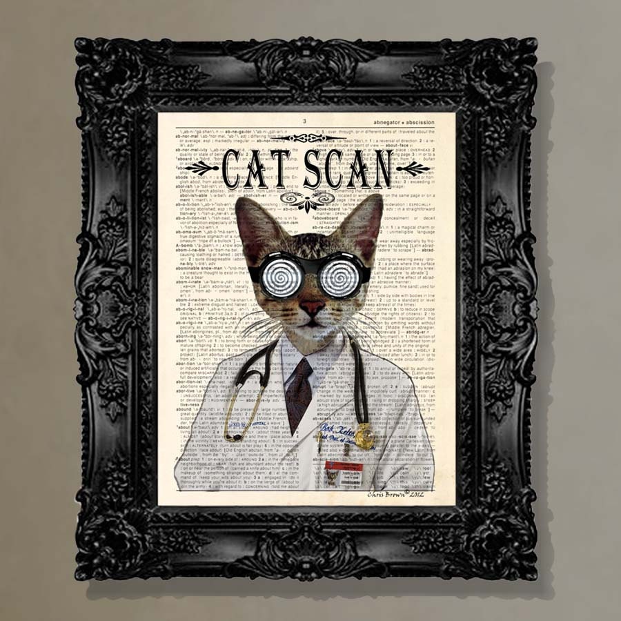 Dictionary Print: -  "Cat Scan" - upcycled book page, whimsical, Veterinary gift,  Doctor gift, Medical intern gift, cat lover