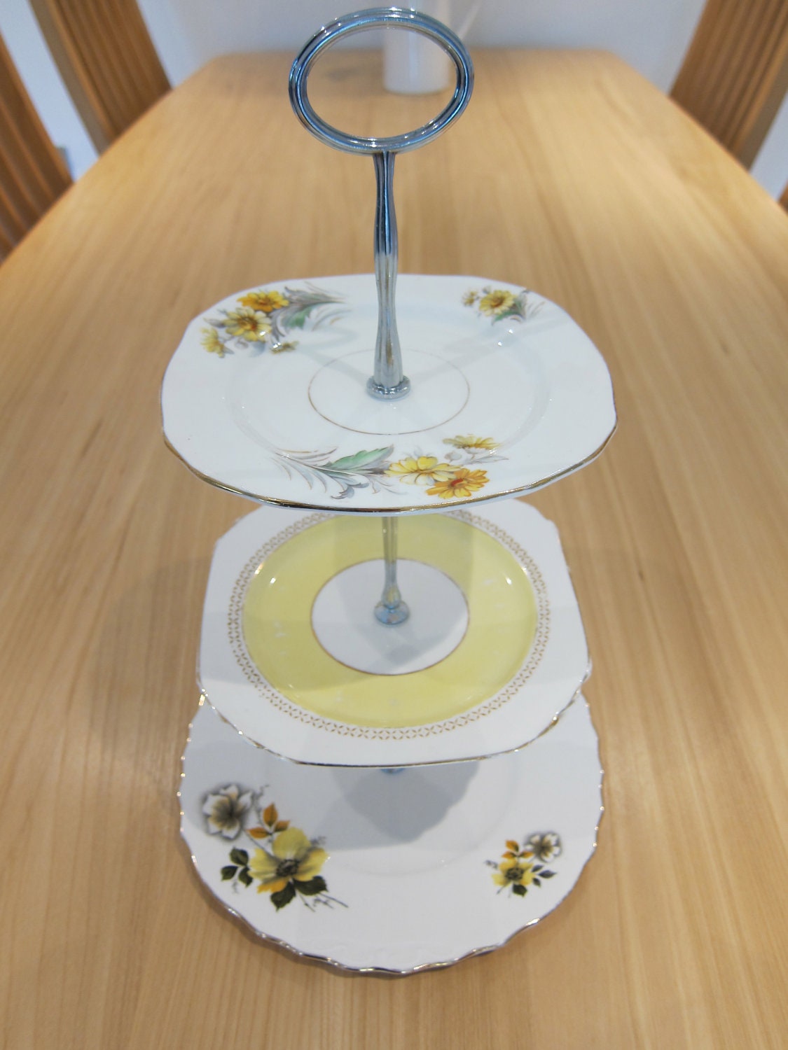 3 tier cake stand made from vintage English plates with white gift box