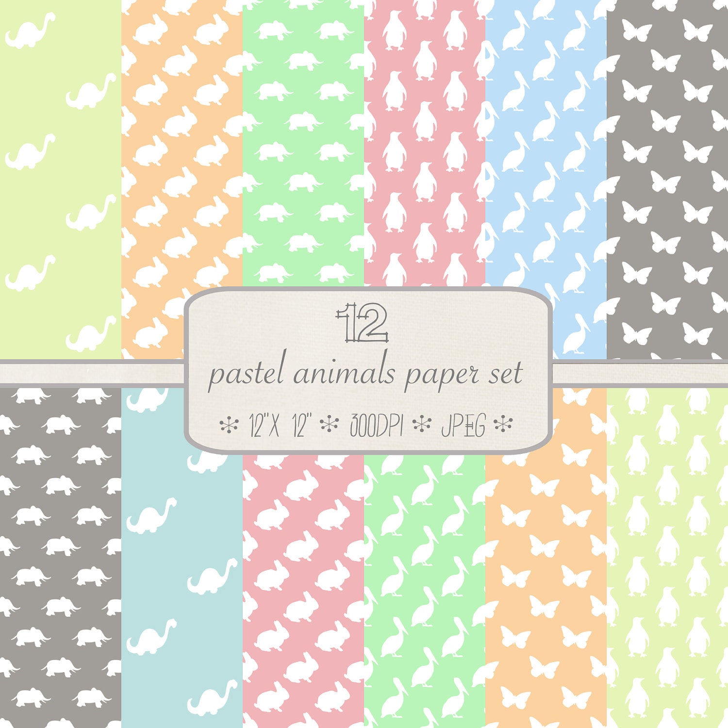 Patterned Digital Paper Pack // Pastel Animals // 12 pieces // jpeg files // 300 DPI // Instant Download Il_570xn